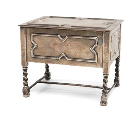 GEORGE V NOVELTY SILVER JEWELLERY BOX, A &amp; J Zimmerman Ltd., Birmingham 1923, in the form of a Jacobean table with geomet