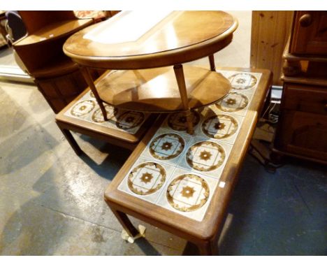 Rectangular and square G plan tile top coffee tables and a yew oval example 