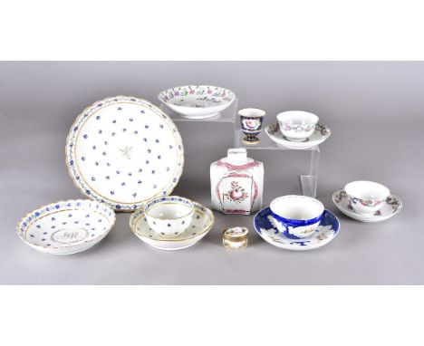 An 18th Century Pearlware tea caddy with famille rose style decoration (af), together with a continental transfer printed blu