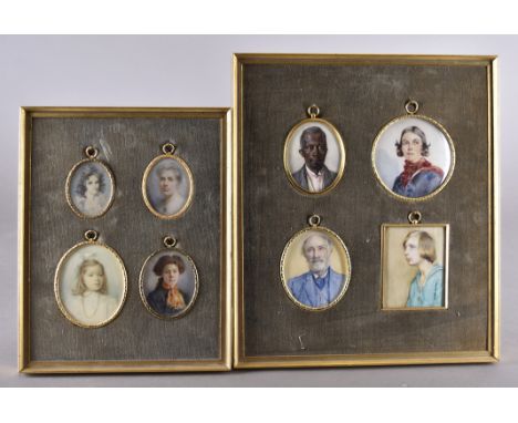 Eight 19th and Early 20th Century portrait miniatures, individually framed and set within two larger frames