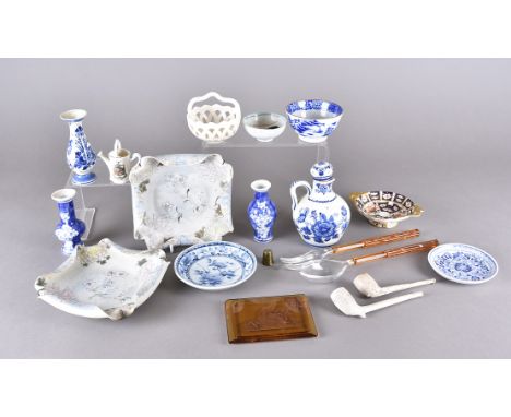 A Royal Crown Derby twin handled together with two clay pipes, various items of blue and white china including Chinese, Japan