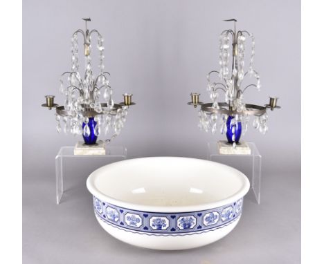 A pair of reproduction cut glass and metal table lustres, with prism tops, blue glass supports on hardstone plinth bases, 40 