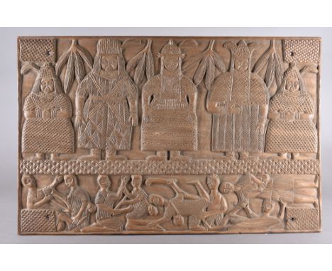An east African axe and a Benin carved coffer lid, Provenance: The axe was purchased at Christies 25/6/85 Axe 53cm high. Beni