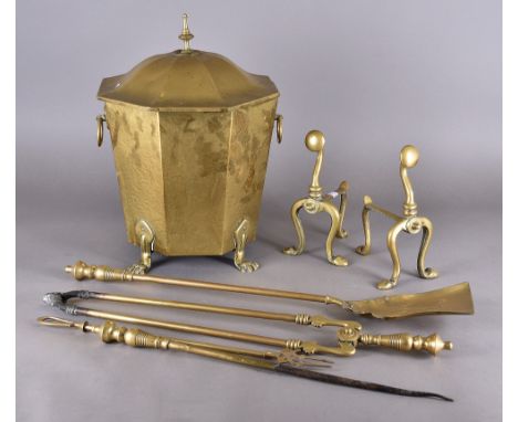 An octagonal brass coal bin with domed lid together with a pair of fire dogs and a set of three fire irons and associated toa