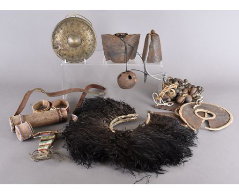 A group of Massai beadwork, including two beaded collars, pair of hide earrings, two bamboo, hide and beaded snuff containers
