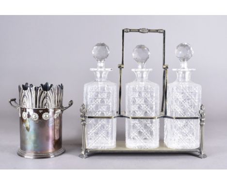 A silver plated and glass decanter set, the hobnail cut decanters with cut glass faceted stoppers, 33 cm wide x 30 cm high x 