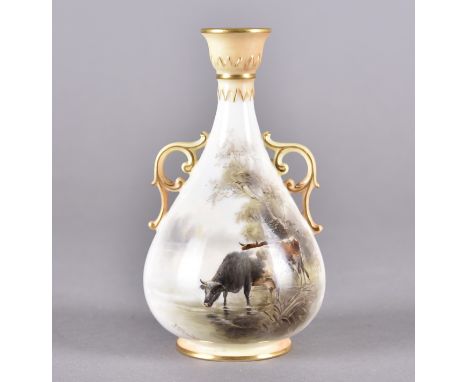 A Royal Worcester tapered twin handled vase, with painted cattle at waters edge, signed J Stinton, green factory mark to base