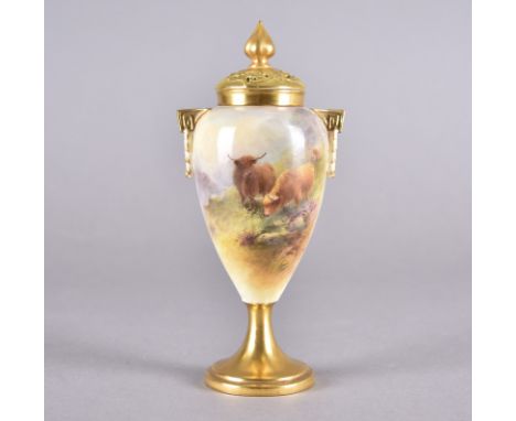 A Royal Worcester vase and cover, the tapered twin handled body with gilt rim having swept circular stem and foot with ornate