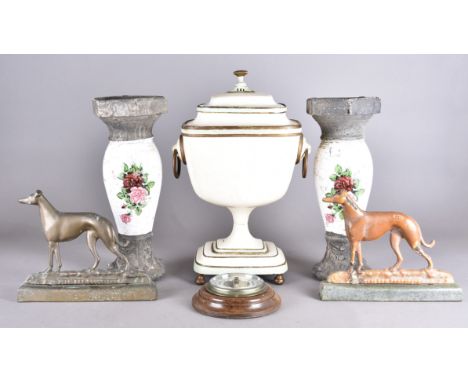 A pair of brass greyhound firesides, a pair of modern raku pottery stands, an oak framed aneroid barometer and a painted samo