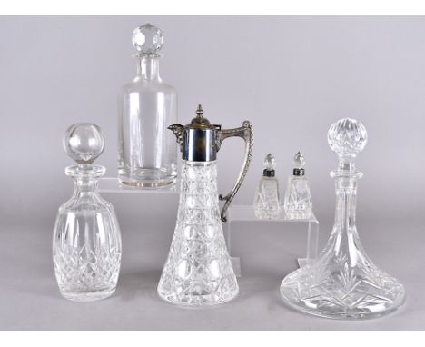 A silver plated large hobnail cut claret jug, an ovoid decanter and stopper, a large ships decanter and stopper another Wedgw