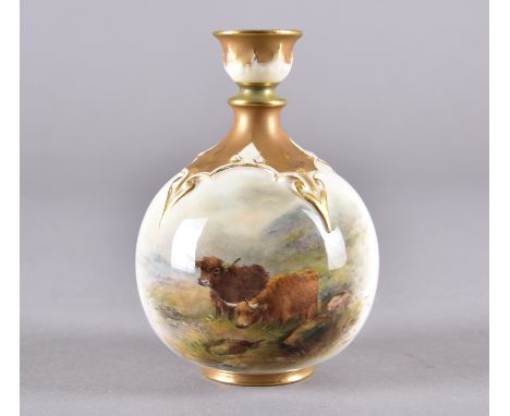 A Royal Worcester porcelain globular bottle vase, decorated with highland cattle by H Stinton having decorative moulded shoul