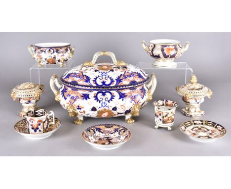 A collection of 19th century Crown Derby porcelain, including a large imari pattern oval soup dish, with lions paw feet, vari