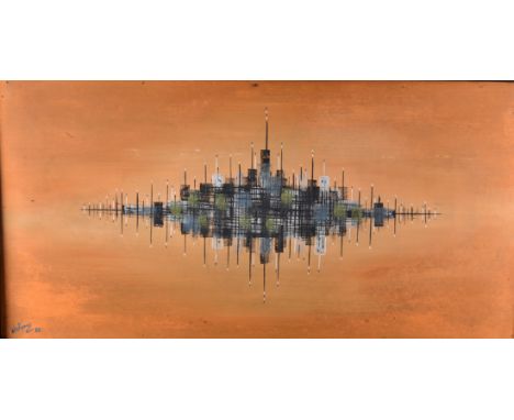 Ray Holmes (20th Century) oil on board, 'Linear Abstract on Orange', signed 'Holmes/80' (lower left), 34 cm x 72.5 cm, framed