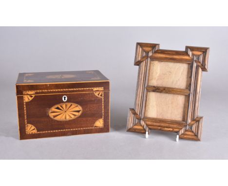 A Georgian and later inlaid tea caddy converted to a letter box. Together with an olive wood double photograph frame (2)