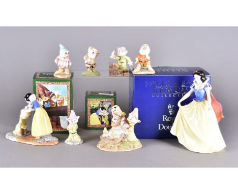 Royal Doulton Snow White figurines comprising Snow White SW 9 (boxed), Grumpy's Bathtime SW 20 (boxed), Doc SW 10 (boxed), Gr