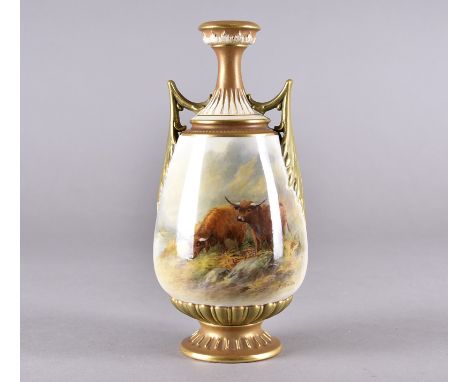 A Royal Worcester twin handled vase had painted with highland cattle in landscape signed J Stinton, puce factory mark, 24 cm 