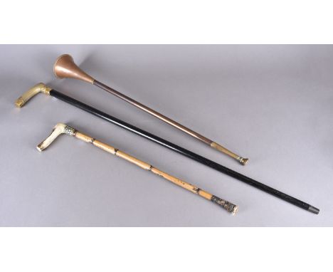 An Edwardian ebony, horn and gilt metal mounted walking stick, with presentation plaque Presented to Mr Rt Walton by his work