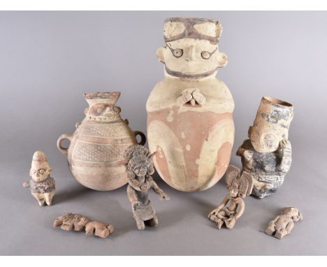 Three Pre-Columbian figurative Chancay storage jars, and figure, all Peruvian. Together with four Mayan style figures. Proven