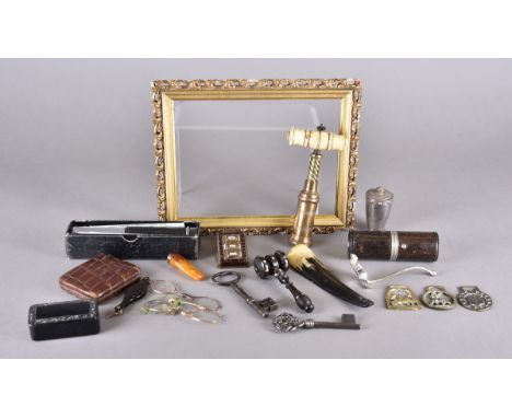 A 19th Century brass and bone corkscrew together with silver pepper, art deco leather desk clip calendar, 9 ct gold amber cig