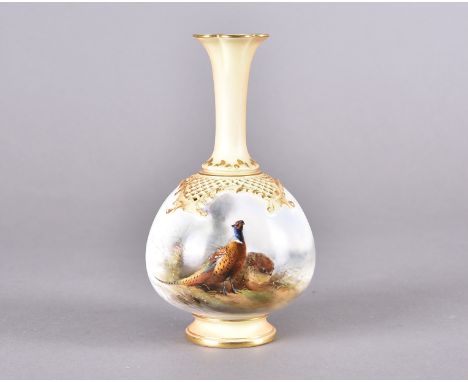 A Royal Worcester bottle vase with reticulated shoulders and slender neck and splayed rim, decorated with pheasant and grouse
