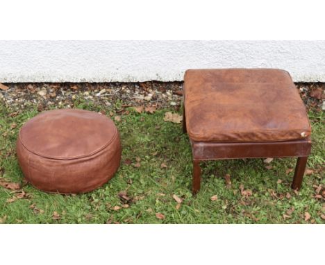 A mid 20th Century Danish teak and leather topped footstool. Together with a circular leather pouffe (2)