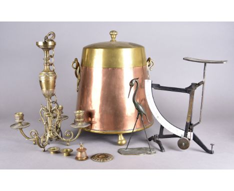 A copper and brass coal scuttle, a brass electrolier, Japanese style model of a stork and a set of scales (4)