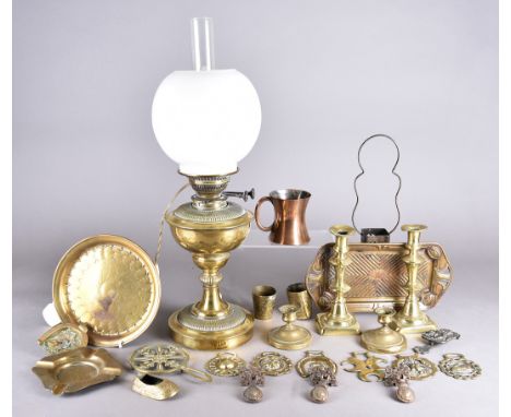A collection of metalware, including a brass oil lamp, an Art Nouveau tray and other items etc