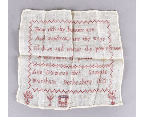 An early 19th Century unframed hessian sampler in red cotton thread by Ann Dawson Marcham Berkshire 1833, 19cm x 20 cm