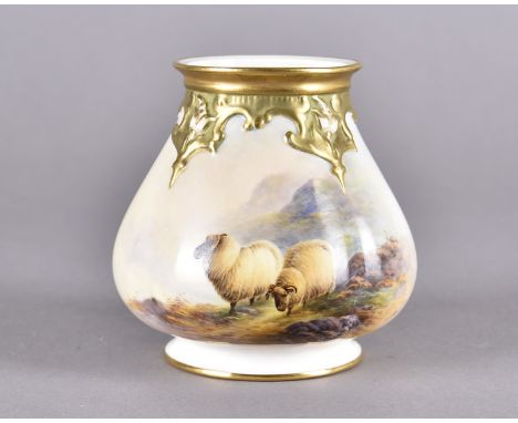 A Royal Worcester porcelain four sectioned squat vase with painted scene of sheep within a highland landscape by E H Barker d