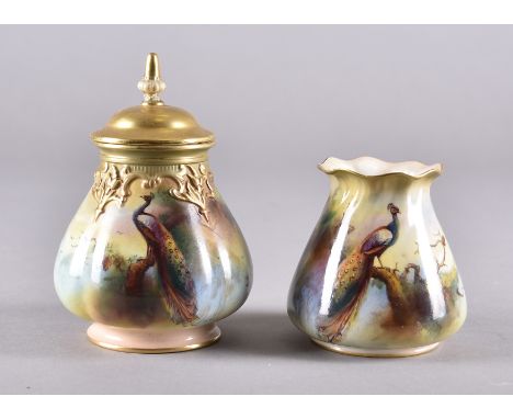 A collection of Royal Worcester to include a jar and cover with painted peacock by F J Bray, green factory mark to base, 14 c