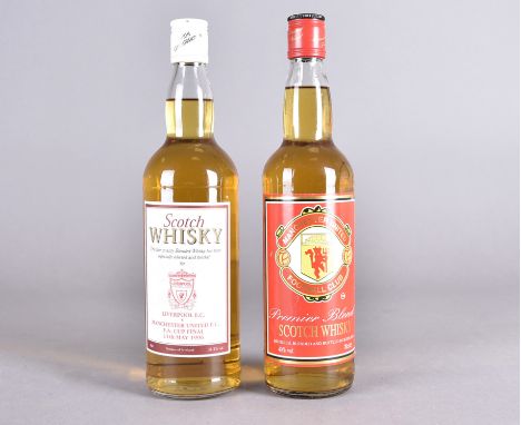 Two bottles of blended Scotch whisky both 70 cl from Manchester United and Liverpool, one to commemorate the 1996 Liverpool v