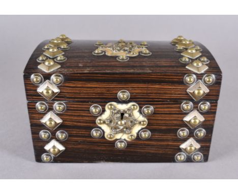 A coromandel and brass bound Victorian tea caddy with Celtic knot, brass embossed decoration to lid and front, 23 cm wide x 1