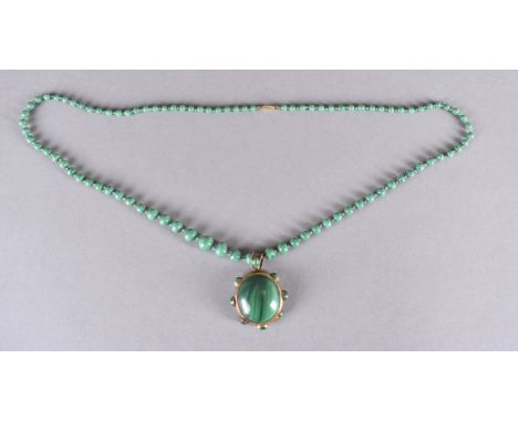 A 19th Century oval malachite pendant, the yellow metal surround with cabouchon stones to edge, with box back, on an associat