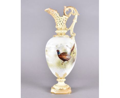 A Graingers Worcester large ewer, the ovoid body with painted scene of pheasant and grouse within a landscape supported on an
