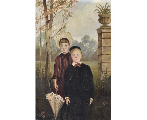 Early 20th Century English School oil on canvas, 'Portrait of a Young Boy and Girl in a Garden' signed 'Repath/26' (lower lef