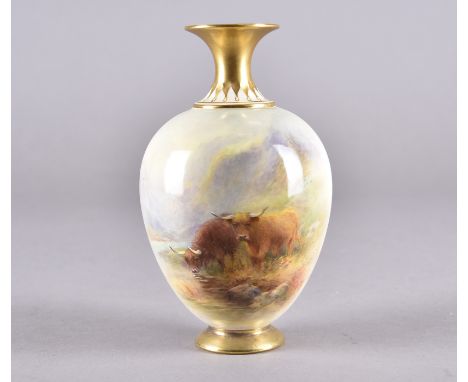 A Royal Worcester ovoid vase, with painted highland cattle scene by Harry Stinton with tapering neck and flared rim on circul