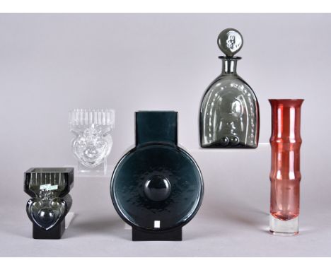 A group of Scandinavian glass items,  to include a moulded decanter (unmarked) in Midnight Grey, and two moulded vases of squ