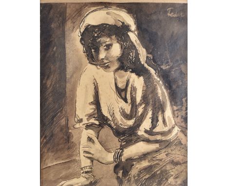 Adolphe Féder (1886-1943) ink and wash on paper, 'Portrait of a Middle-Eastern Girl', signed 'Feder' (upper right), 36.6 cm x