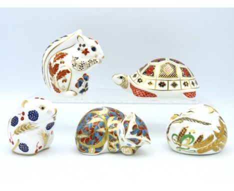Five Royal Crown Derby porcelain paperweights including Turtle & Dormouse, four with gold stoppers & one moulded ceramic
