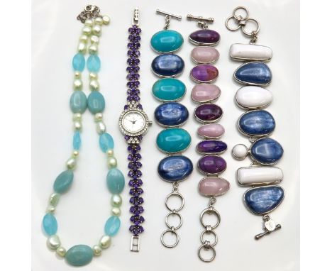 From the Collection of Catherine Leaney, "Voice of Cartier". Three fine quality sterling silver bracelets with polished stone