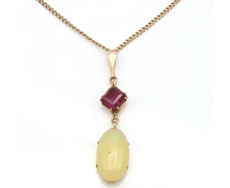 A 9ct gold chain with garnet & opal stone, chain 480mm long, pendant 52mm drop, chain 4.2g, 8.3g total