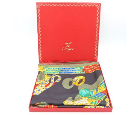 From the Collection of Catherine Leaney, "Voice of Cartier": A must de Cartier silk scarf with box, good condition, decorated
