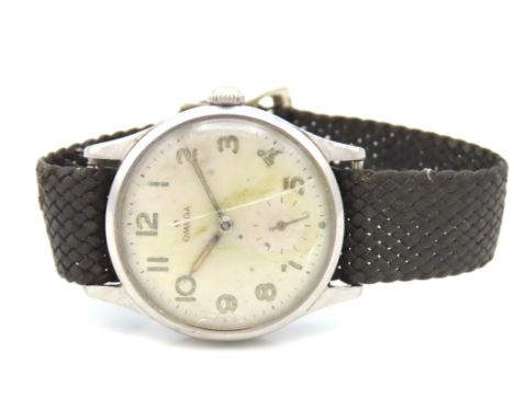 A gents WW2 era Omega stainless steel military style chronograph, runs when wound, benefit a service, dial requires a clean, 
