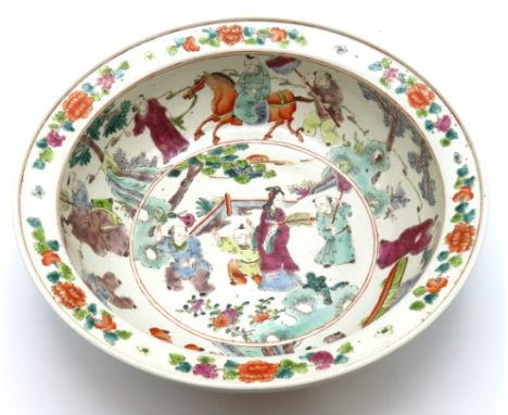 An 18thC. Qianlong Chinese famile rose polychrome bowl depicting various figures & floral decor, 316mm diameter x 95mm deep