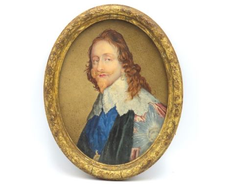After Sir Anthony van Dyck (1599-1641), an 18thC. portrait watercolour of Charles I set in original gilt frame, image size 20