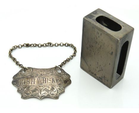 A Victorian 1898 Chester silver Irish Whiskey decanter label by Cohen Hewer, slight bump, twinned with a 1940 Birmimgham silv