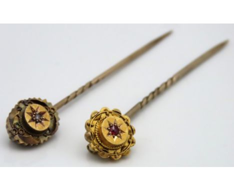 Two Victorian tie pins, heads each marked 15ct, set with diamond & ruby, 58mm & 56mm long, 3g