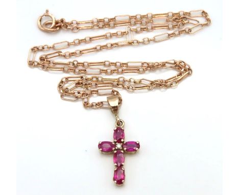 A pink gold cross & chain set with ruby & diamond, chain 460mm long, pendant 28mm drop, 4.5g