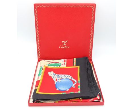 From the Collection of Catherine Leaney, "Voice of Cartier": A must de Cartier silk scarf with box & booklet, good condition,