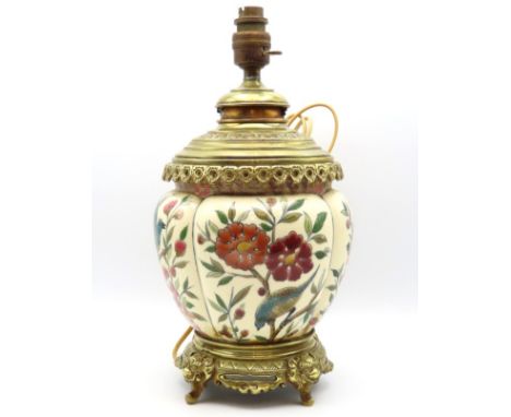 An Ernst Wahliss, Vienna, brass & ceramic table oil lamp, later converted to electricity, decorated with flowers, 360mm tall 